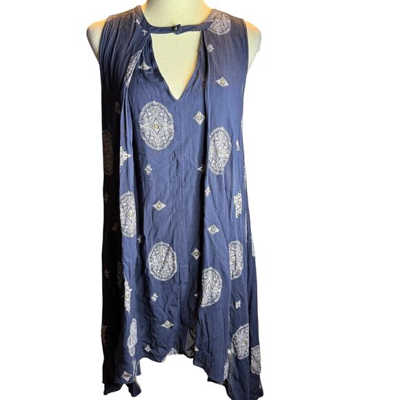 Free People Navy Blue Boho Sleeveless Swing Dress, Rayon Medallion Print, Large - Picture 6 of 10